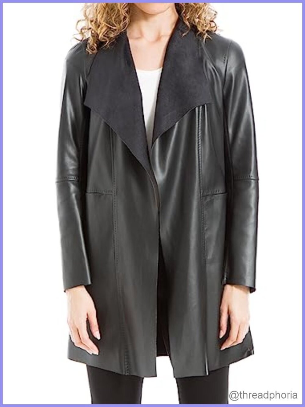 Faux Leather Long Jacket with Draped Collar and Long Sleeves